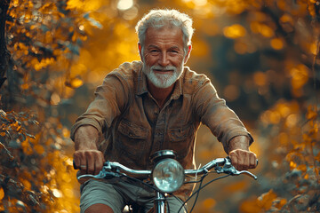 Poster - a senior man cycling through a nature trail, demonstrating the importance of staying active in later