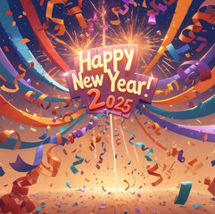 happy new year 2025 festive card with dynamic confetti and colorful streamers in a warm setting