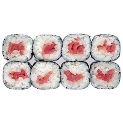 Wall Mural - Set of Japanese maki sushi rolls with tuna, rice, nori, isolated on white.