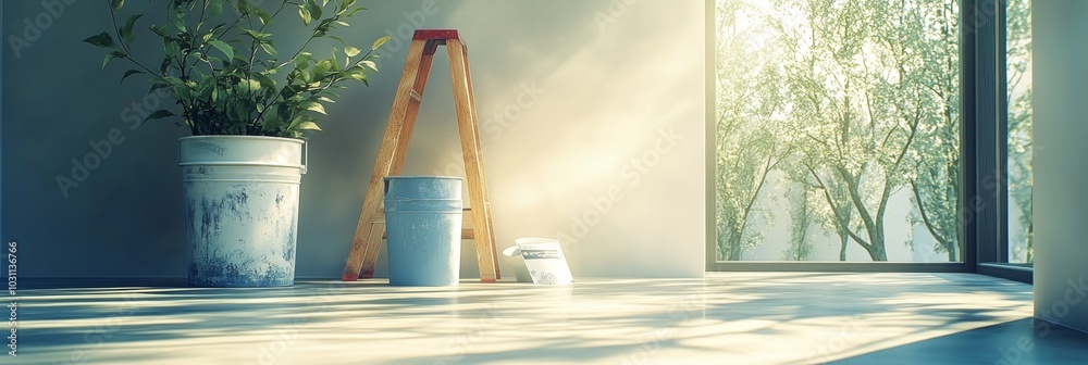 Sunlight streaming through a window in a room being renovated, with ...