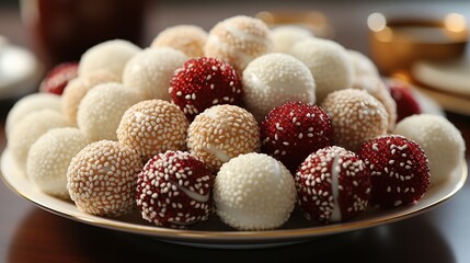 Poster - A plate of assorted white, red, and beige chocolate truffles with sprinkles on a wooden table.