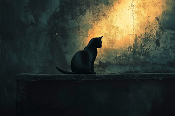 silhouette of a black cat on a wall at night