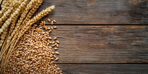 Poster - Golden wheat grains and stalks arranged on rustic wood. This image captures the essence of farming and nature. Ideal for agricultural projects and food-related themes. AI