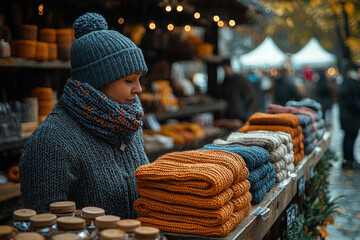 Sticker - A vendor selling hand-knitted scarves and hats at a fall market, preparing shoppers for the colder weather. Concept of handmade goods.