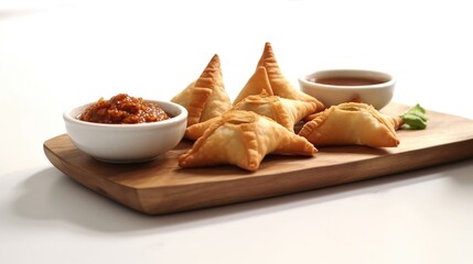 Poster - Close up of a wooden board with crispy fried pastries, a bowl of orange sauce, a small bowl of brown sauce and a green leaf.