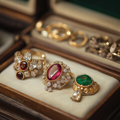 vintage gems and jewelry on display in an antique shop