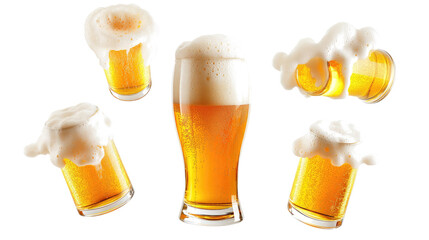 Poster - flying beer glasses with frothy foam against a white backdrop generative ai