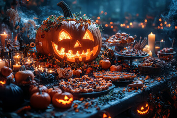 Poster - a halloween party with friends dressed in creative costumes, enjoying themed food and games. concept