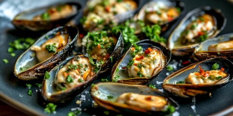 Wall Mural - Freshly cooked mussels presented on a stylish black plate. The dish is decorated with herbs and spices, emphasizing its gourmet appeal. Perfect for seafood lovers enjoying fine dining. AI