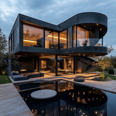 a sophisticated modern home during the evening, showcasing its unique architectural design characterized by fluid curves and expansive glass windows. Clad in striking dark ribbed material, distinctive