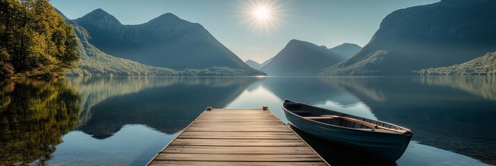 Sticker - A tranquil scene with a floating boat by a wooden dock. Mountainous backdrop reflects off still waters. Ideal for relaxation and nature lovers. Perfect for travel and outdoor themes. AI