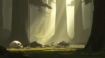 Wall Mural - A skeletal figure lies in a forest clearing, bathed in sunlight.