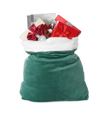 Poster - Santa Claus bag with gift boxes and Christmas balls isolated on white