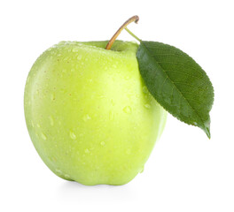 Sticker - One fresh apple with green leaf and water drops isolated on white