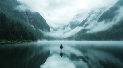 A man stands in the water, looking out over a lake. The sky is cloudy and the water is calm. The scene is peaceful and serene, with the man being the only person in the image