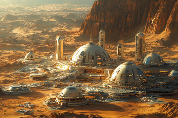 Poster - a space colony concept with domes on mars, highlighting the potential for human settlement on other 