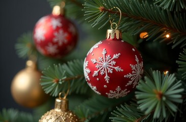 Red and gold Christmas ornaments with snowflake patterns hanging on a pine tree during the holiday season