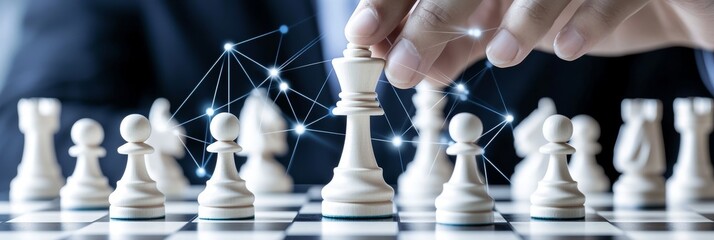 Poster - Business Strategy And Planning With Chessboard Game, King Piece, And Network Connection