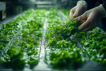 Poster - A scientist experimenting with algae as a new food source, highlighting the search for alternative sustainable food options. Concept of algae-based food.
