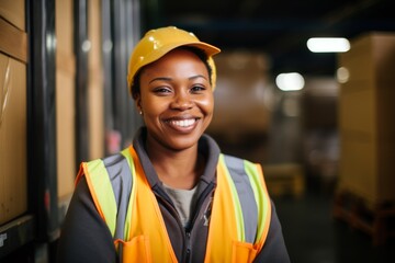 Wall Mural - Portrait of a smiling African American female worker at factory