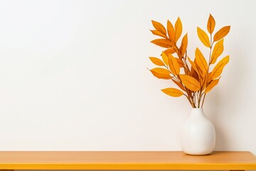 Wall Mural - A minimalist composition featuring a white vase filled with vibrant orange leaves, placed elegantly on a wooden surface against a neutral background, showcasing simplicity.