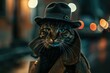 © LukaszDesign - Cat dressed in a suit, hat, and coat against a dark background. Innovative advertising idea