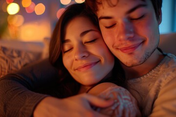 Couple enjoying quality time on a sofa, sharing moments of love and relaxation during the weekend. Their smiles reflect romance and affection in a cozy home setting