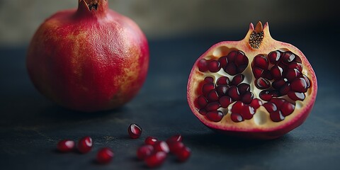 Whole Pomegranate and Halved Showing Seeds