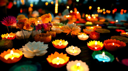 A vibrant display of floating candles and lotus-shaped lamps illuminating a serene atmosphere, perfect for festivals and spiritual celebrations.