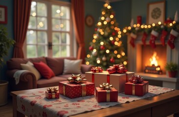 Cozy living room decorated for Christmas with gifts on the table and a glowing fireplace in the background