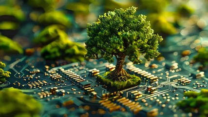 Poster - Close-up of green tree growing on computer circuit board. Technology concept