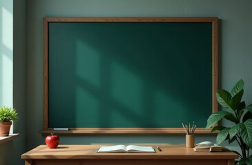 A classroom setup featuring an empty chalkboard, desk with open notebook, apple, and potted plant in warm afternoon light