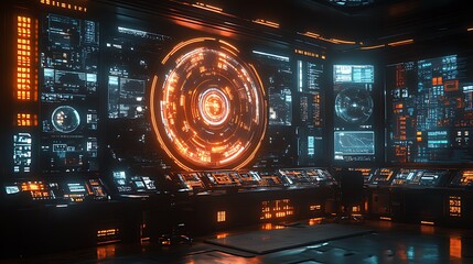 Futuristic control room interior with glowing screens, buttons and dials.