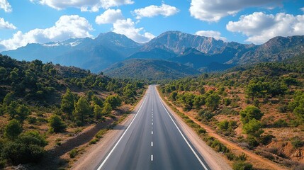 Empty road through mountain range. Perfect for travel, adventure, or freedom themes.