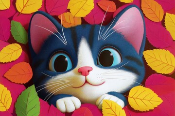 A curious kitten with striking blue eyes and a cheerful expression hides among an array of colorful leaves, embodying the joy of the fall season in a playful and vibrant setting