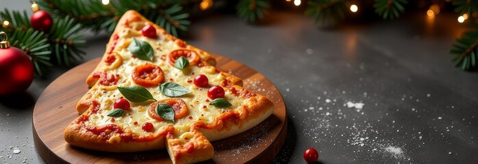 Festive Christmas tree-shaped pizza with fresh tomatoes and basil on a wooden serving board amidst holiday decorations