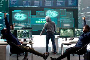 Poster - pleased proud hackers team jumping around after gaining access into rival government database, feeli