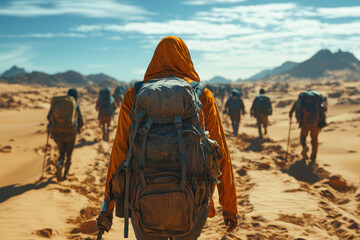 Poster - a migrant crossing a treacherous desert, showing the dangerous journeys people take to escape dire c