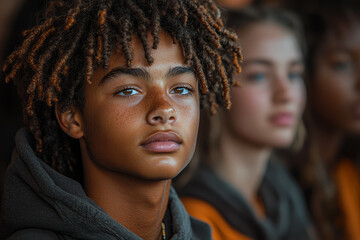 Aufkleber - A group of teens attending a mindfulness workshop, illustrating the role of mindfulness in promoting mental well-being. Concept of mindfulness for mental health.