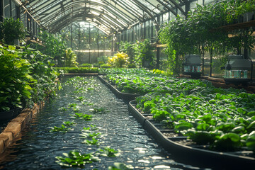 Poster - a greenhouse with automated systems regulating climate and water use, symbolizing technological adva