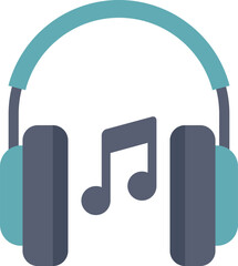 Poster - modern headphones playing music icon with note symbol, in a flat design style