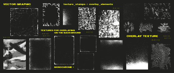 Poster - Diverse textures for overlay effect, vintage textures, concrete, dust, grain, worn paper and others. Overlay stamps, graphic frames textures grunge. Halftone and monochrome stamps. Vector graphic set