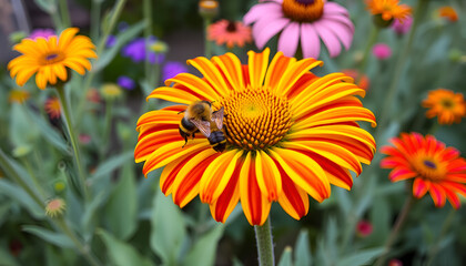 pollination by bees colorful flowers Gaillardia in the garden