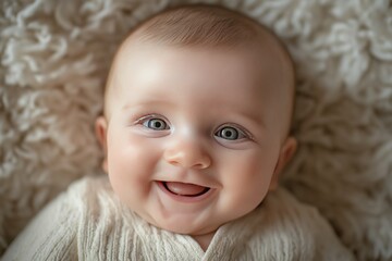 Bright-eyed baby with a big smile wearing a cozy light outfit, captured in a close-up moment of joy