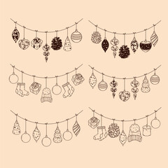 Wall Mural - christmas and new year decor set. vector garland with christmas fir tree decorations. star, ball, ic