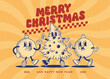 © Meranna - Merry Christmas and Happy New year smiling pine tree and decoration ball in trendy retro cartoon style