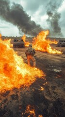 A soldier in camouflage walks through a field of fire, with smoke billowing in the distance.