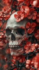 Wall Mural - Skull and Cherry Blossoms: A Surreal Encounter with Nature's Beauty