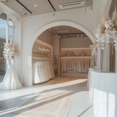 Wedding dresses on display in a stylish bridal boutique