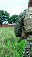 A soldier in camouflage walks through tall grass, ready for action.